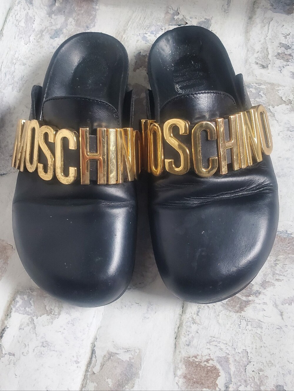 Moschino Black Slide Sandals with Gold Logo